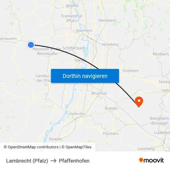 Lambrecht (Pfalz) to Pfaffenhofen map