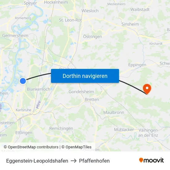 Eggenstein-Leopoldshafen to Pfaffenhofen map