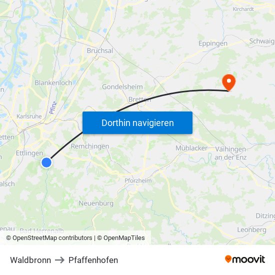 Waldbronn to Pfaffenhofen map