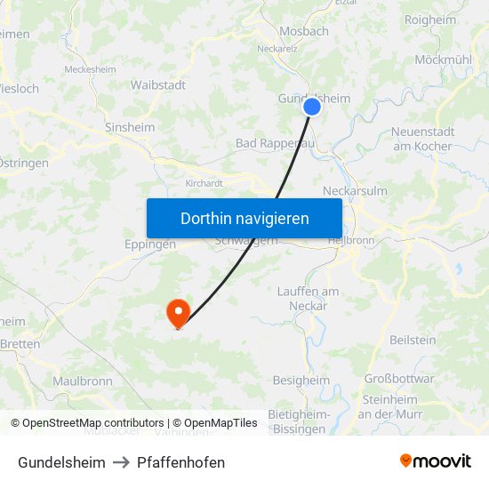 Gundelsheim to Pfaffenhofen map