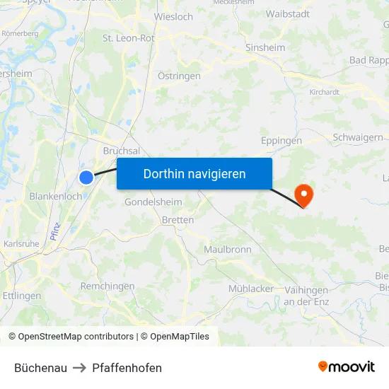 Büchenau to Pfaffenhofen map
