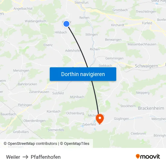Weiler to Pfaffenhofen map
