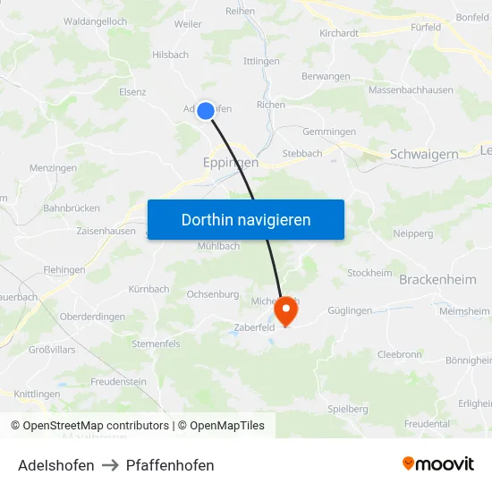 Adelshofen to Pfaffenhofen map
