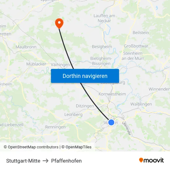 Stuttgart-Mitte to Pfaffenhofen map