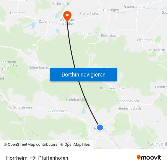 Horrheim to Pfaffenhofen map