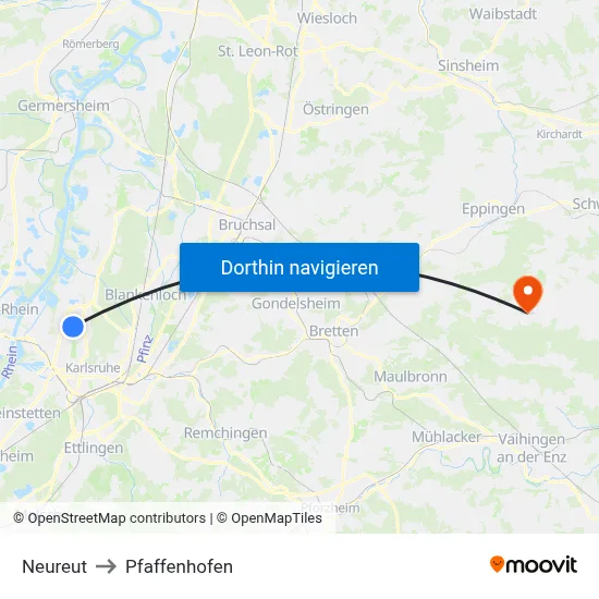 Neureut to Pfaffenhofen map