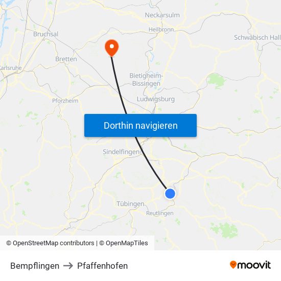 Bempflingen to Pfaffenhofen map