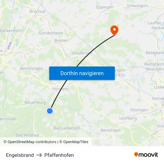 Engelsbrand to Pfaffenhofen map
