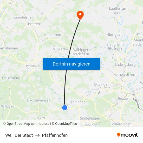 Weil Der Stadt to Pfaffenhofen map