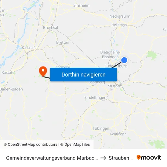 Gemeindeverwaltungsverband Marbach am Neckar to Straubenhardt map