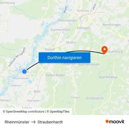 Rheinmünster to Straubenhardt map