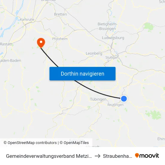 Gemeindeverwaltungsverband Metzingen to Straubenhardt map