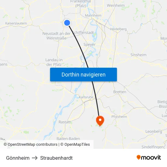 Gönnheim to Straubenhardt map