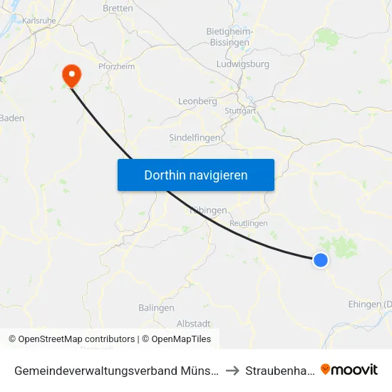 Gemeindeverwaltungsverband Münsingen to Straubenhardt map