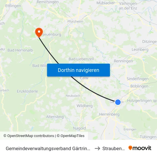 Gemeindeverwaltungsverband Gärtringen/Ehningen to Straubenhardt map