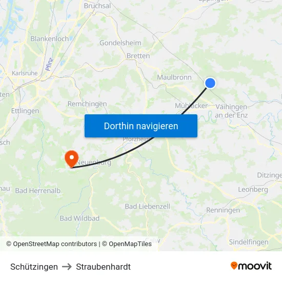 Schützingen to Straubenhardt map