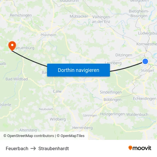 Feuerbach to Straubenhardt map