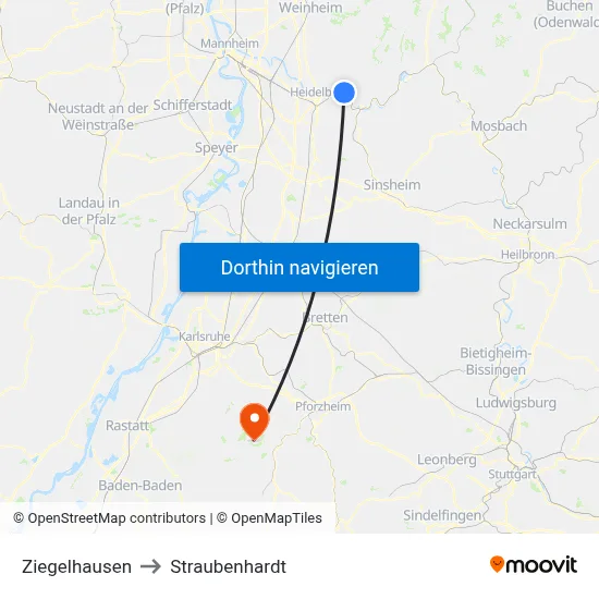 Ziegelhausen to Straubenhardt map