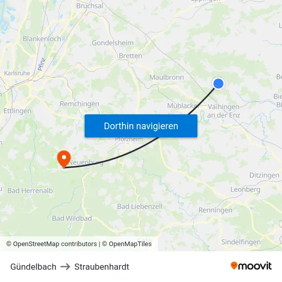 Gündelbach to Straubenhardt map