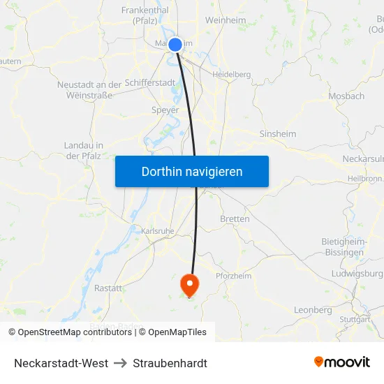Neckarstadt-West to Straubenhardt map