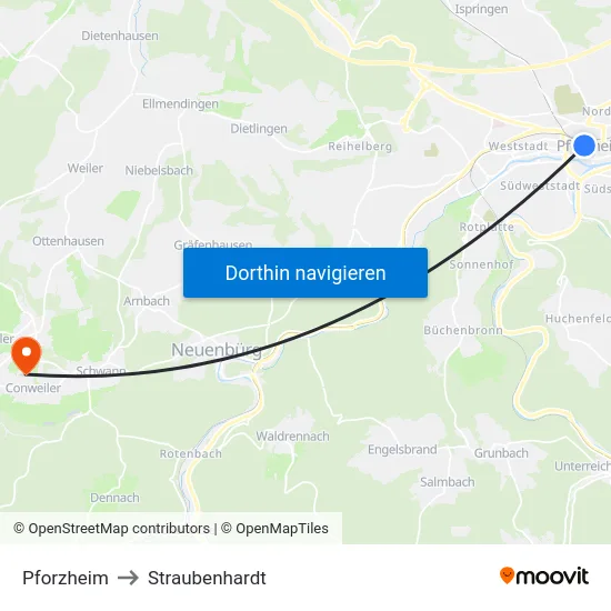 Pforzheim to Straubenhardt map