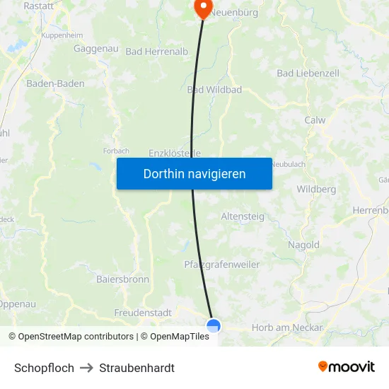 Schopfloch to Straubenhardt map