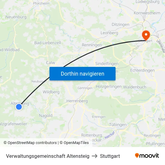 Verwaltungsgemeinschaft Altensteig to Stuttgart map