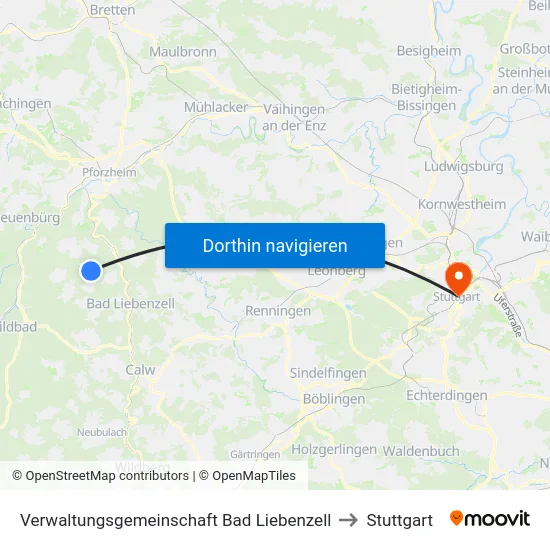 Verwaltungsgemeinschaft Bad Liebenzell to Stuttgart map