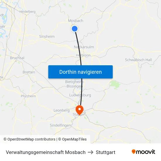 Verwaltungsgemeinschaft Mosbach to Stuttgart map