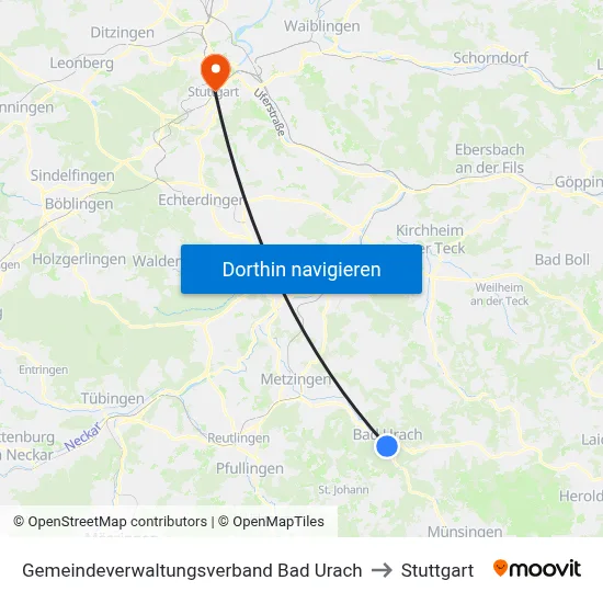 Gemeindeverwaltungsverband Bad Urach to Stuttgart map