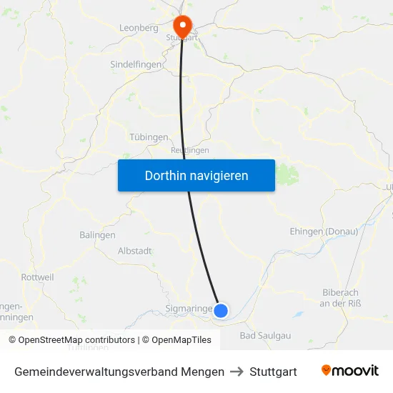 Gemeindeverwaltungsverband Mengen to Stuttgart map