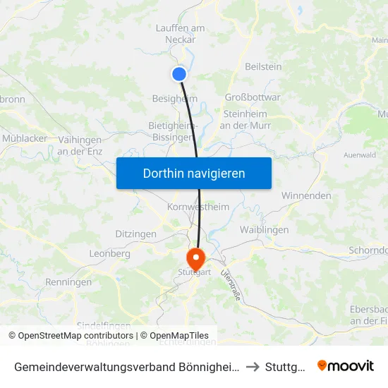 Gemeindeverwaltungsverband Bönnigheim to Stuttgart map