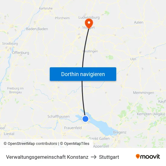 Verwaltungsgemeinschaft Konstanz to Stuttgart map
