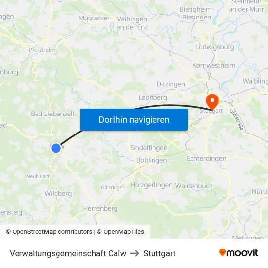 Verwaltungsgemeinschaft Calw to Stuttgart map