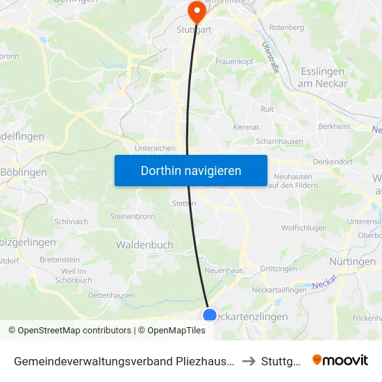 Gemeindeverwaltungsverband Pliezhausen to Stuttgart map