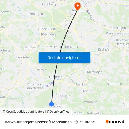 Verwaltungsgemeinschaft Mössingen to Stuttgart map