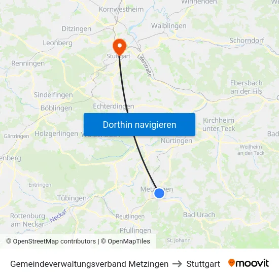 Gemeindeverwaltungsverband Metzingen to Stuttgart map