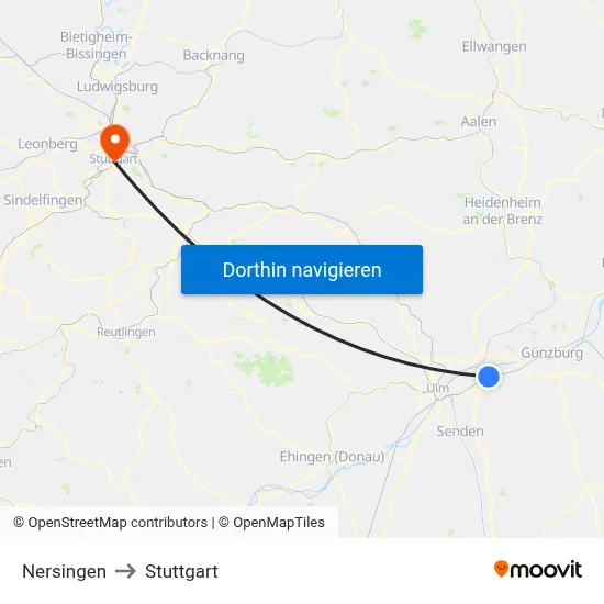 Nersingen to Stuttgart map