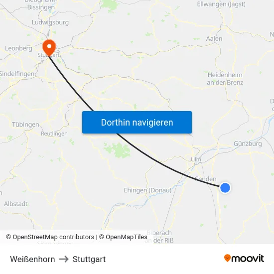 Weißenhorn to Stuttgart map