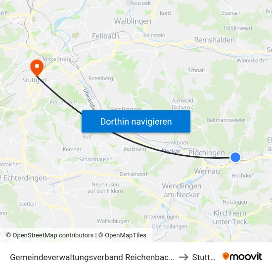 Gemeindeverwaltungsverband Reichenbach An Der Fils to Stuttgart map