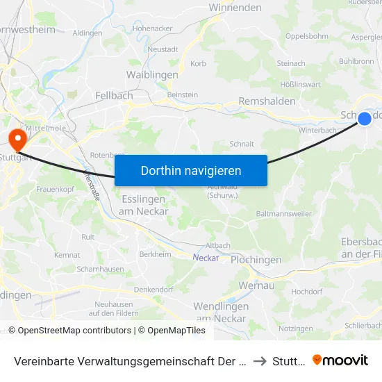 Vereinbarte Verwaltungsgemeinschaft Der Stadt Schorndorf to Stuttgart map