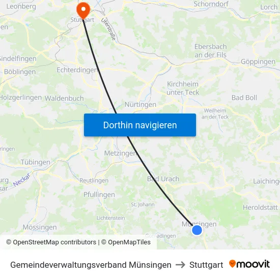 Gemeindeverwaltungsverband Münsingen to Stuttgart map
