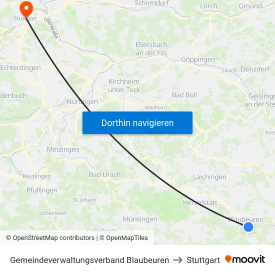 Gemeindeverwaltungsverband Blaubeuren to Stuttgart map