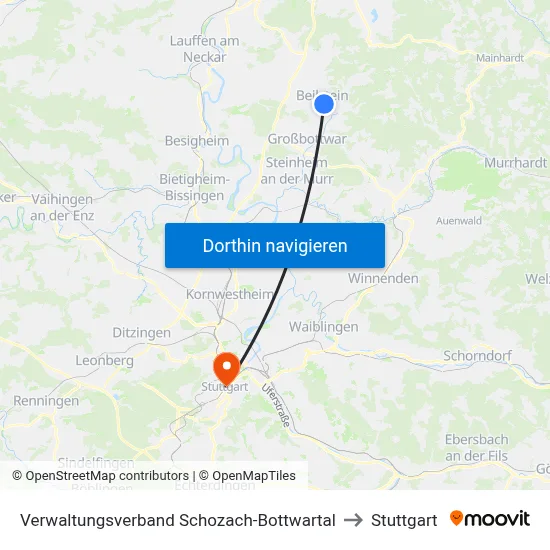 Verwaltungsverband Schozach-Bottwartal to Stuttgart map