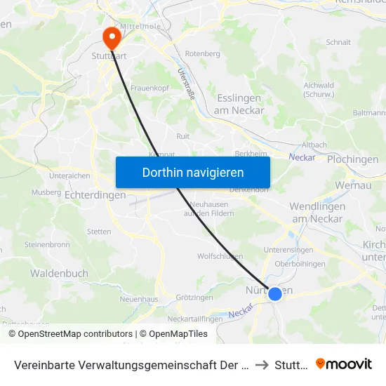 Vereinbarte Verwaltungsgemeinschaft Der Stadt Nürtingen to Stuttgart map