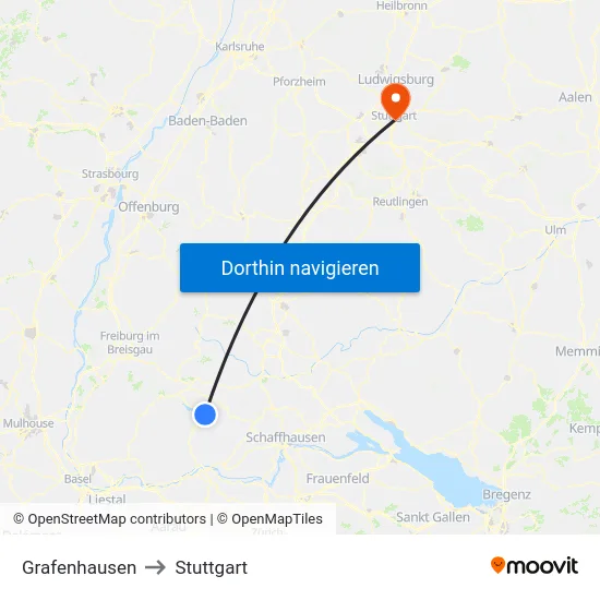 Grafenhausen to Stuttgart map