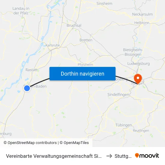 Vereinbarte Verwaltungsgemeinschaft Sinzheim to Stuttgart map