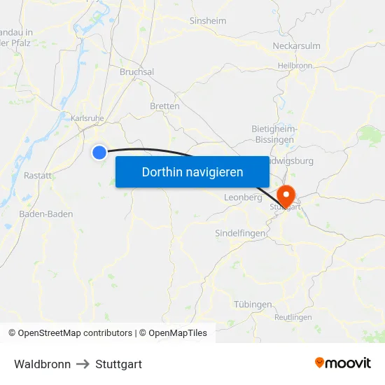 Waldbronn to Stuttgart map