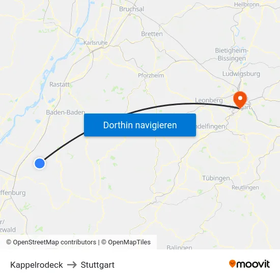 Kappelrodeck to Stuttgart map