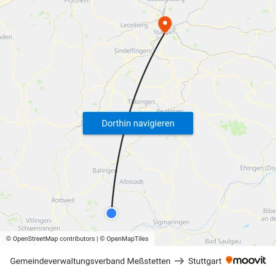 Gemeindeverwaltungsverband Meßstetten to Stuttgart map
